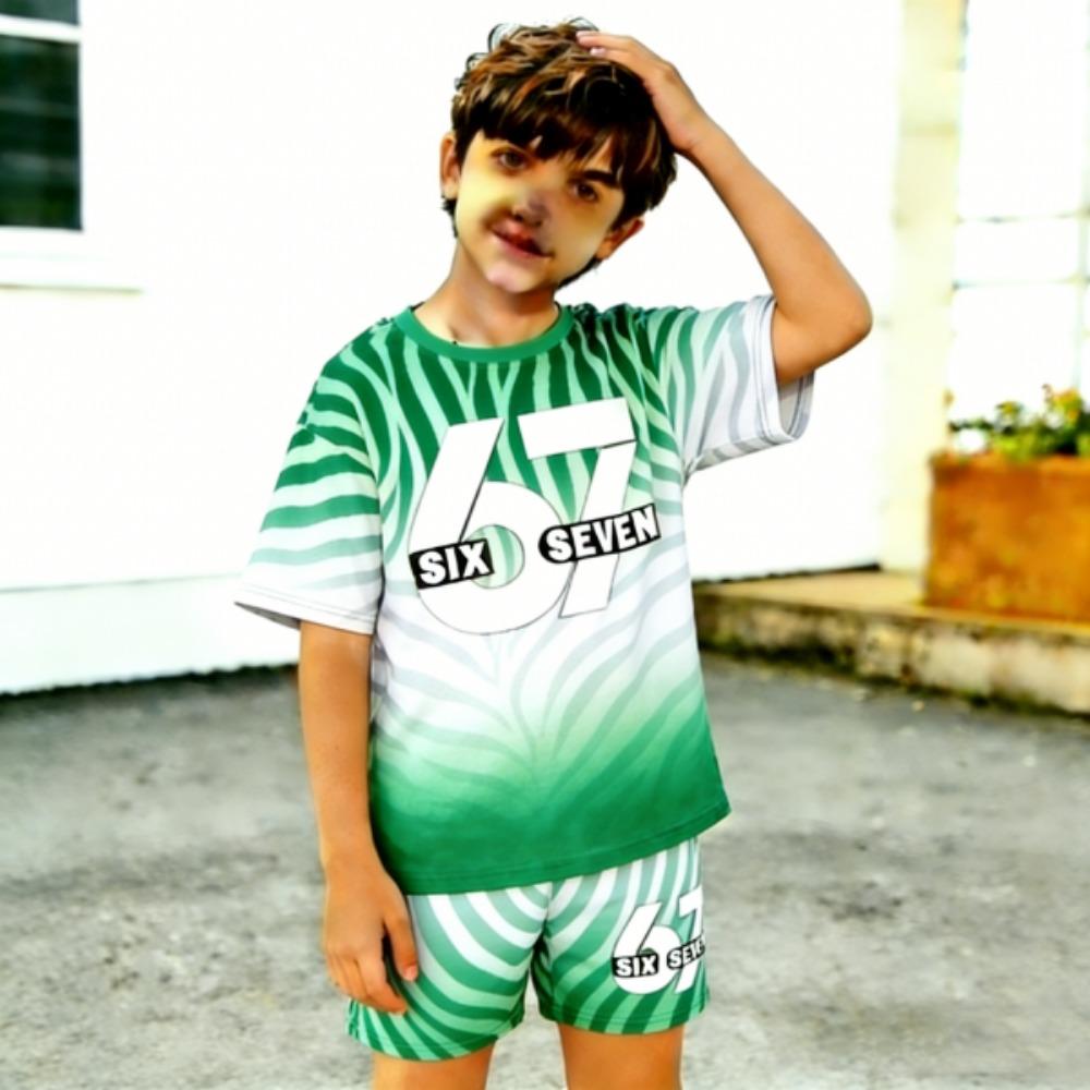 67 Gradient Zebra Color Printed Kids T-shirt and Shorts 2 Piece Set Summer Casual Outfit for Boy's and Girl's Kids Clothing Top