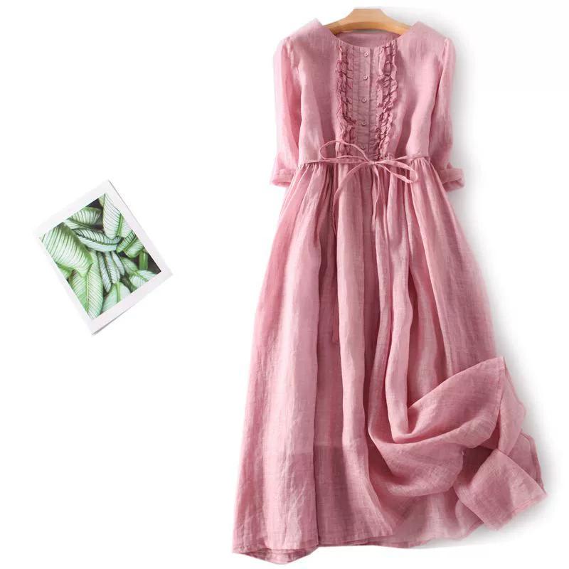 Literary Retro Ramie Round Neck Double Fairy Lace Waist Mid-length Travel Dress Spring and Summer Women's Thin