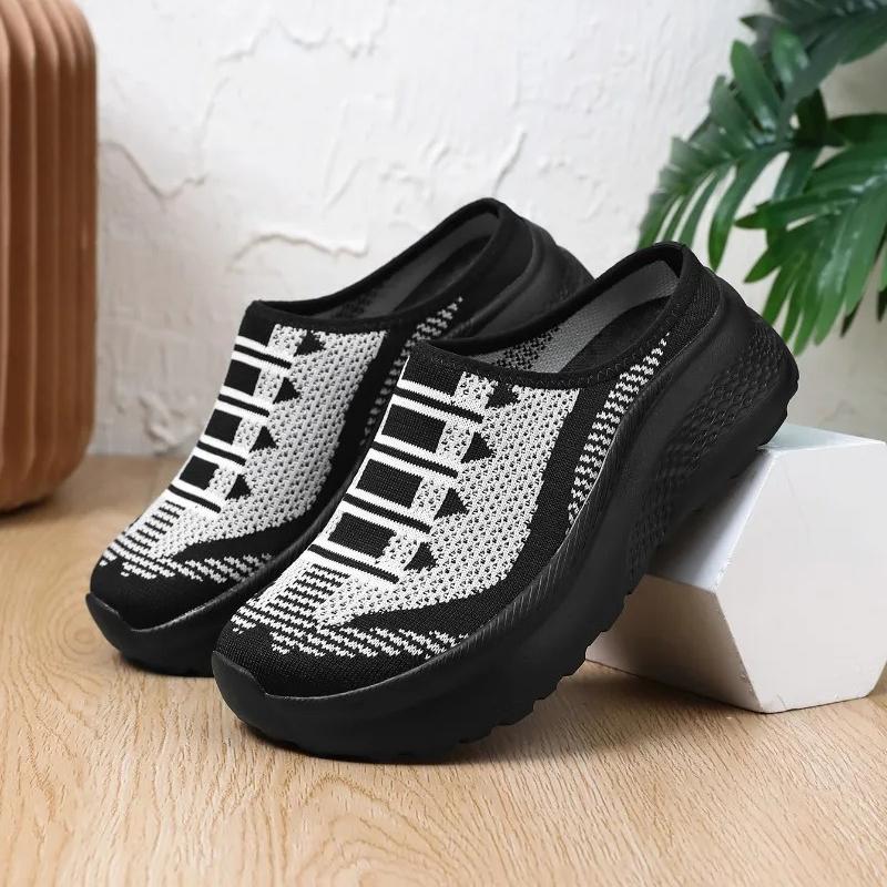 Knitted Mesh Walking Shoes Women Fashion Thick Sole Slippers Lightweight Soft Casual Footwear for Traveling Height-increasing