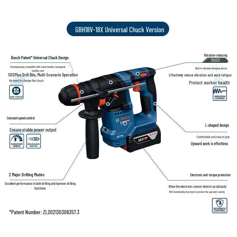Bosch פטישון רוטרי נטען ללא פחמים GBH18V-18 תקע CN (מתאם כלול)