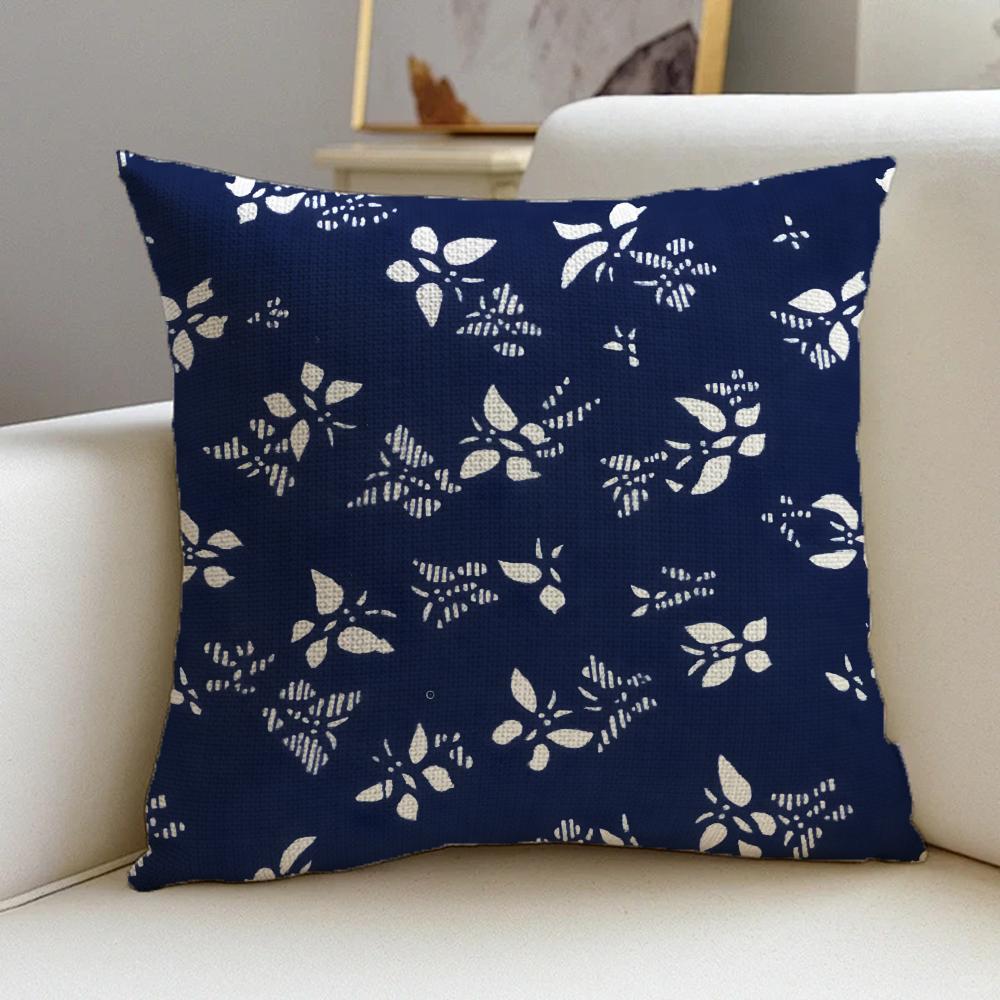 B-Blue Calico Cushion Cover Cushion Cover Pillowcase, Anti-Mite Invisible Zipper, Linen Sofa Cushion