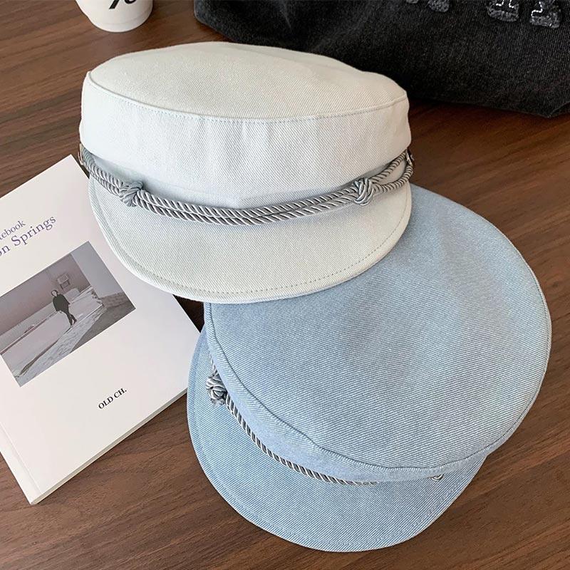 Retro British Style Denim Woven Octagonal Hat For Spring Autumn Korean Ins Artistic Temperament Flat Top Painter Hat Newsboy Hat