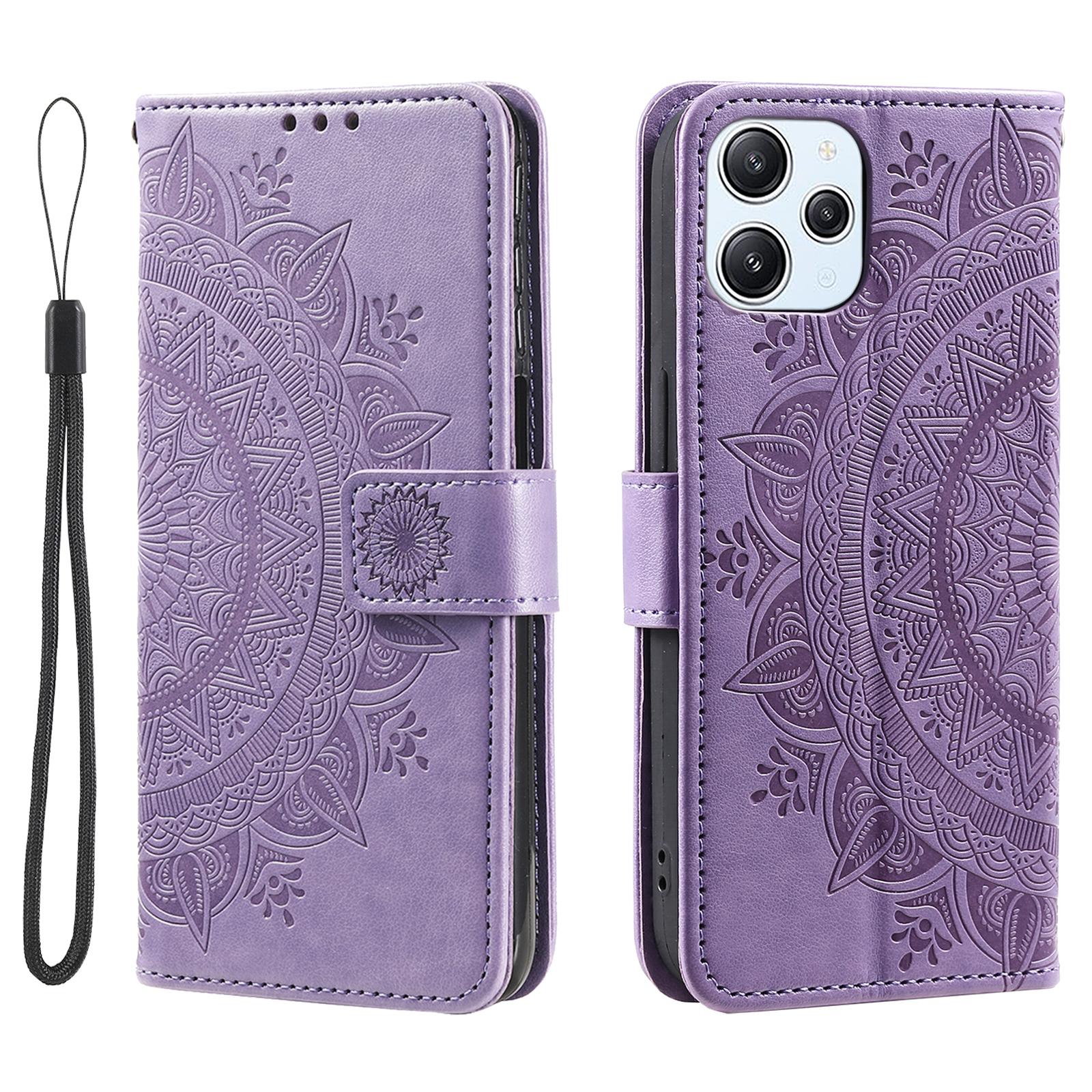 

Stand Cover for Xiaomi Redmi 12 4G PU Leather Mandala Flower Imprint Wallet Phone Case with Strap Purple