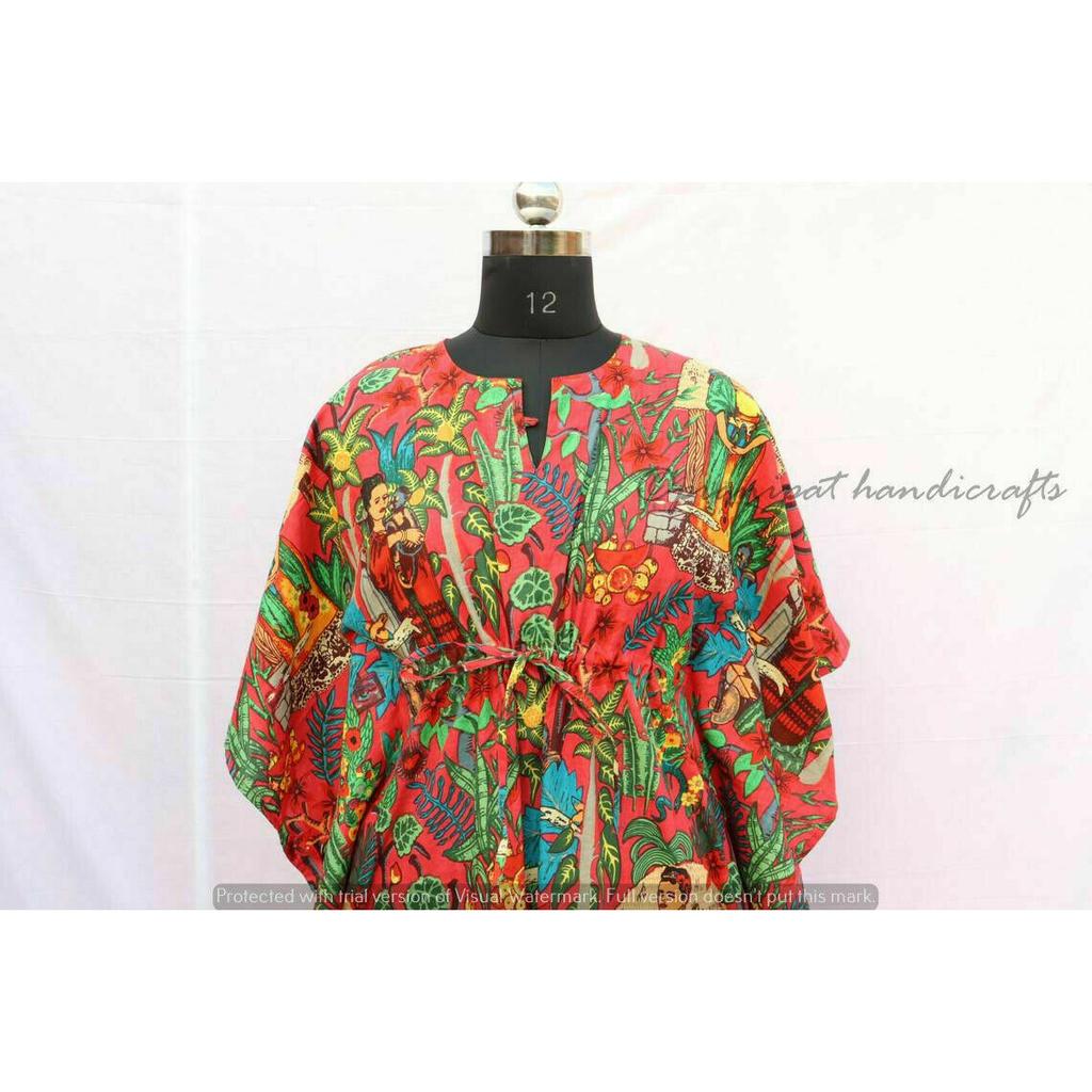 Maxi hippie din bumbac cu imprimeu roșu indian Frida Kahlo, îmbrăcăminte de noapte pentru femei, rochie caftan CKFTN-SCRN-FULL-BUYIT-018