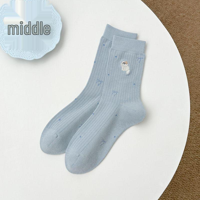 Zhuji Women's Cute Cartoon Embroidered Mid-Calf Cotton Socks, Preppy Style