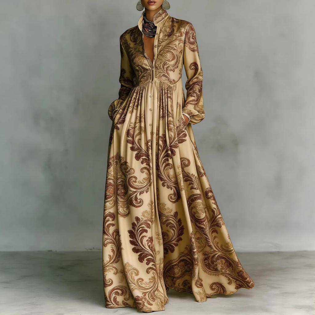 Women's Floral Print Maxi Shirt Dress Long Sleeve Button Front Casual Flowy Dress
