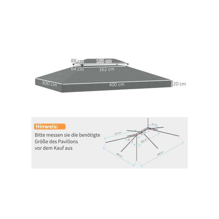 Toit de remplacement - MUVOE - 3x4m - Polyester respirant - Gris foncé - Coupe-vent avec aération