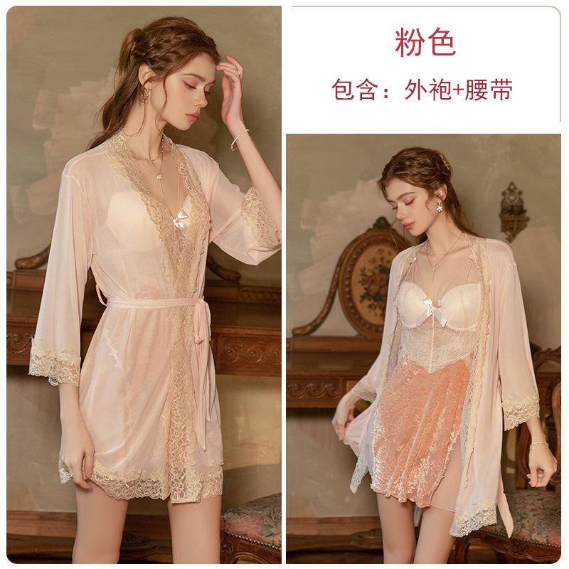 Women's Velvet Mesh Cutout Underwire Push Up Padded Sleep Dress with Robe Lounge Set