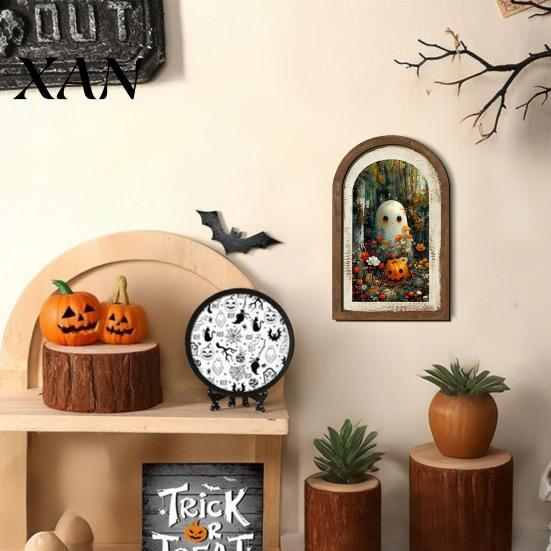 Farmhouse Ghost Decor Halloween Wall Decor, Cute Table Sign, Vintage Arch Framed Autumn Fireplace Accent Picture, Decorative Art for Mantel