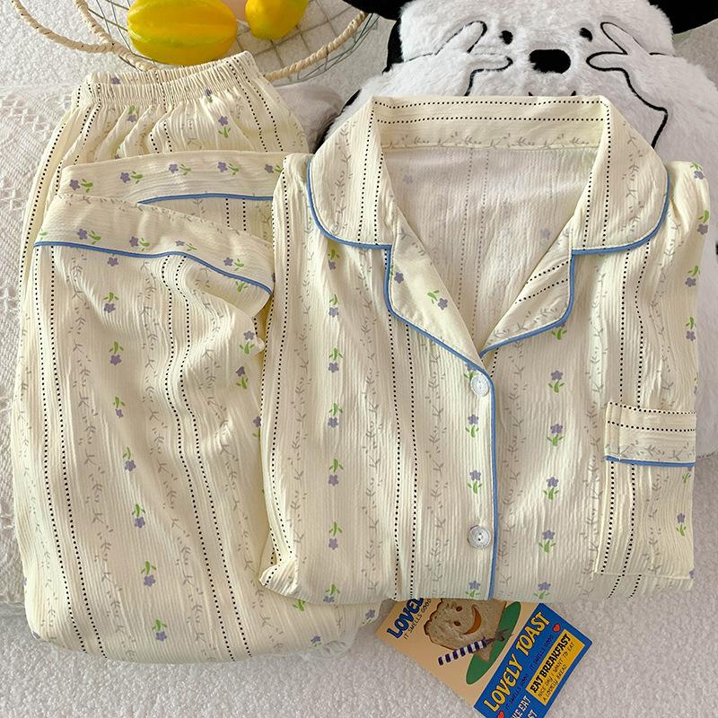 Chinese Antique Floral Women'S Pajamas Spring And Autumn New Long-Sleeved Lazy Loungewear Wrinkled Cloth Set Real Shot