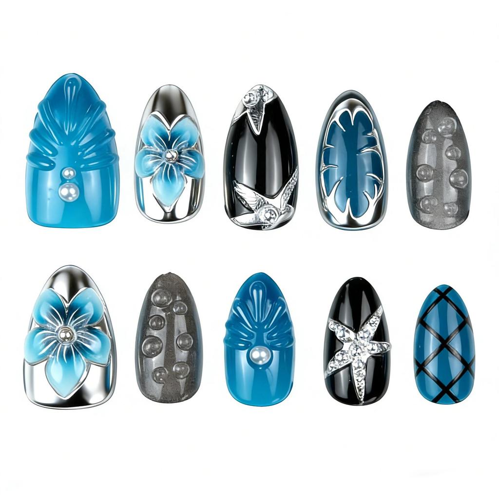 Gold-Plated Almond 3D Rhinestone Floral Nail Art Set (30 Pieces)