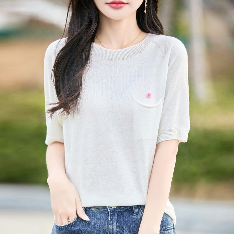 

Весенний женский шерстяной вязаный свитер с короткими рукавами и круглым вырезом XXL белый