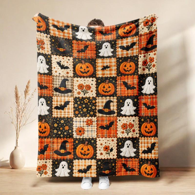 Soft Fleece Blanket Halloween Seasonal Use - Digital Print Cartoon Design Warm Lightweight Throw Bed Sofa Nap