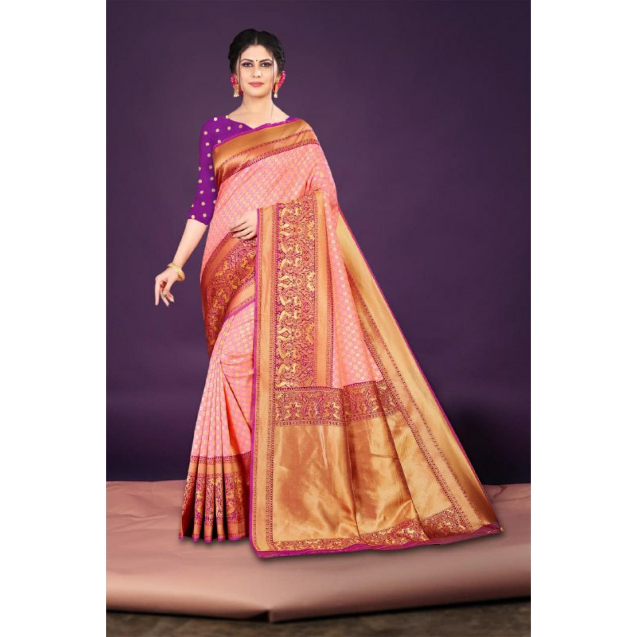 

Индийское традиционное мягкое шелковое сари личи с жаккардовым плетением