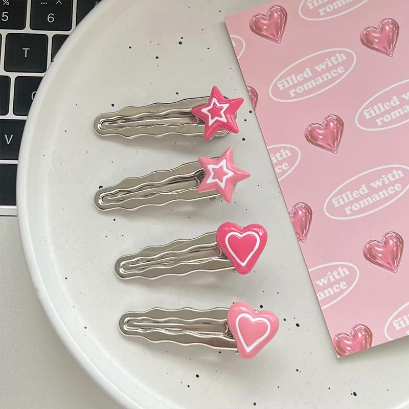 Nowa koreańska różowa spinka do włosów w gwiazdki dla kobiet Y2K słodka fala metalowa spinka wsuwka dziewczyna urocze akrylowe akcesoria do włosów