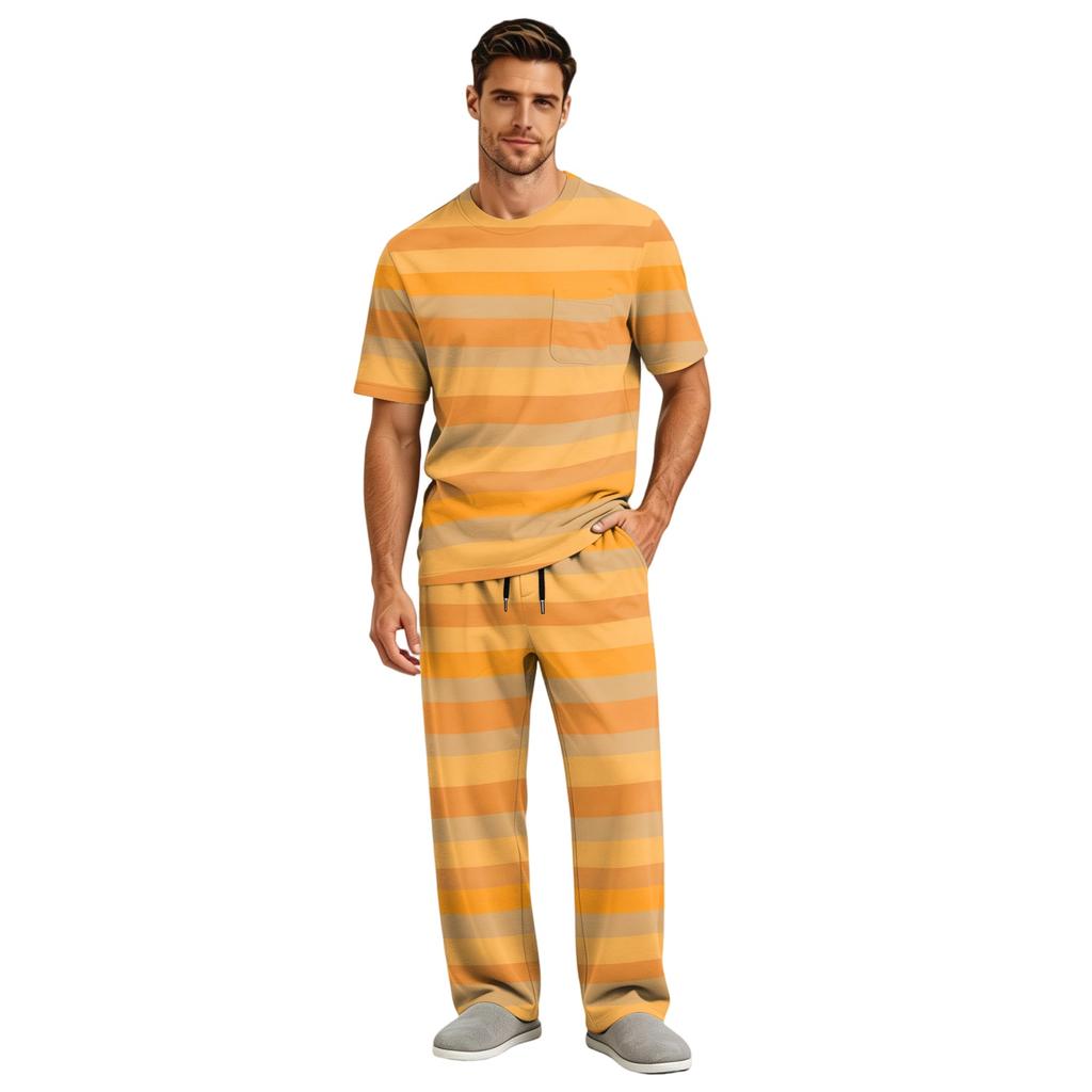 Men's Short Sleeve Pajama Set with Long Pants, Button Crotch, Elastic Waist Drawstring - Comfortable Sleepwear