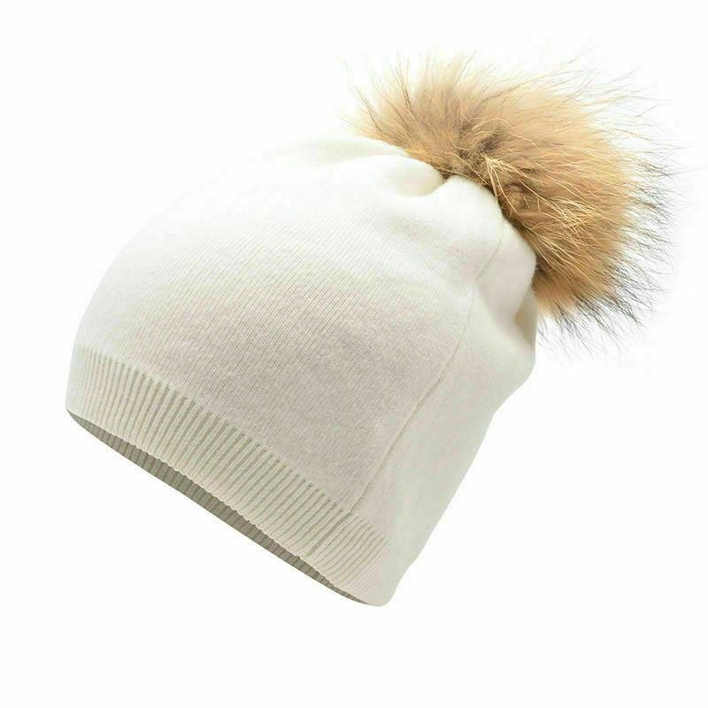 Women Winter Warm Cashmere Wool Knitted Real Fur Pom Pom Ball Beanie Hat