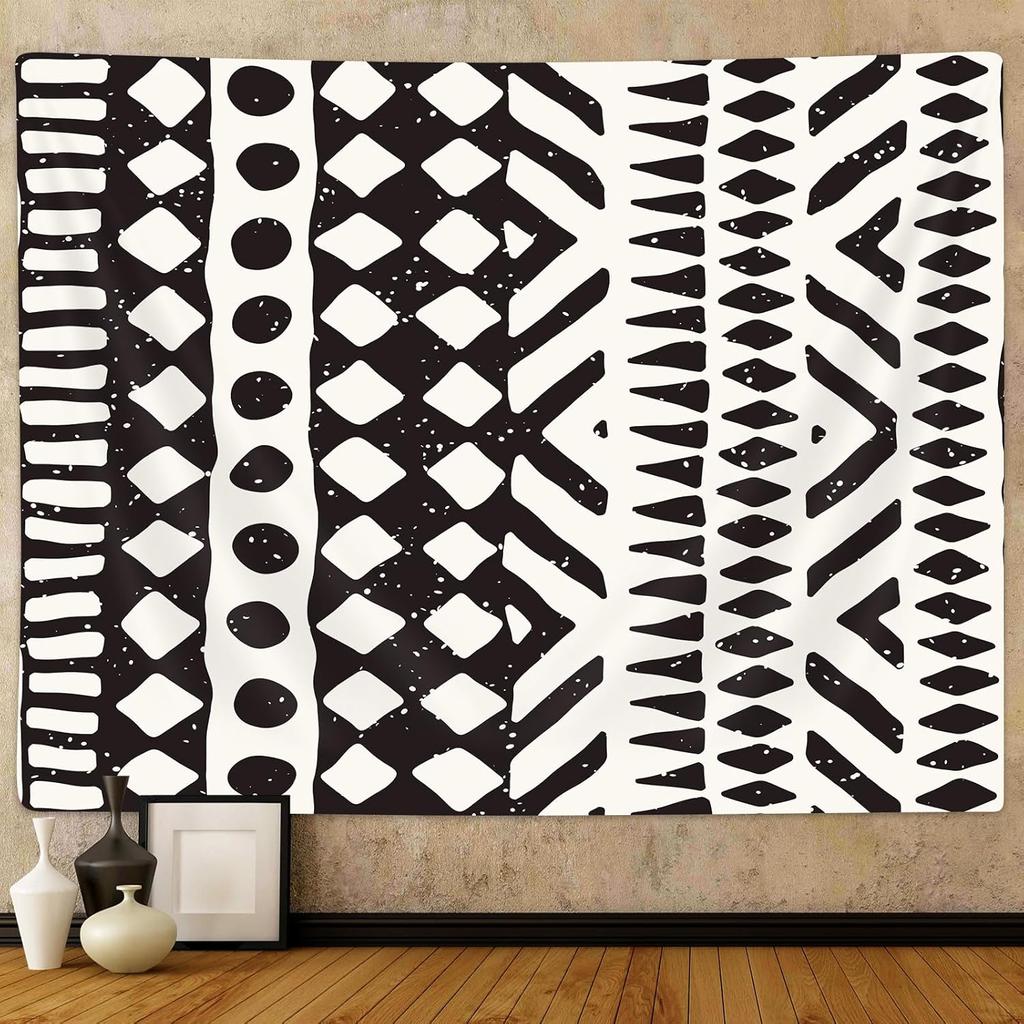 African Mud Cloth Tapestry Wall Hanging Art, Black and White Tribal Afrocentric Ethnic Bohemian Motif with Geometric Elements