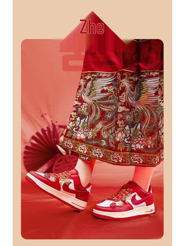 AJ1 Wedding Shoes: Bridal and Groom Flat-Soled Sneakers - Red, Dual-Function for Wedding Dress or Casual Wear.