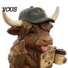 Resin Ornaments Highland Cow Desk Statue, Funny Middle Finger Figurine with Coffee Cup & Sassy Sign, Detailed Carvings Cute Farmhouse Desktop