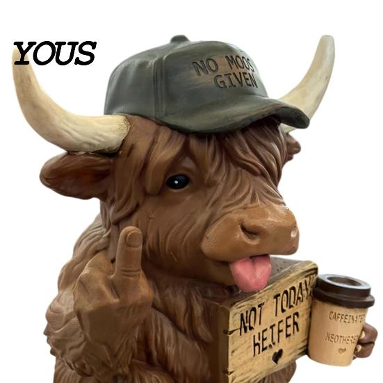 Resin Ornaments Highland Cow Desk Statue, Funny Middle Finger Figurine with Coffee Cup & Sassy Sign, Detailed Carvings Cute Farmhouse Desktop