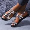 Fashion 2025Summer New Round Headed Leather Ladies' Sandals Flat Casual Beach Shoes Comfortable Footwear with Metal Decoration for Women