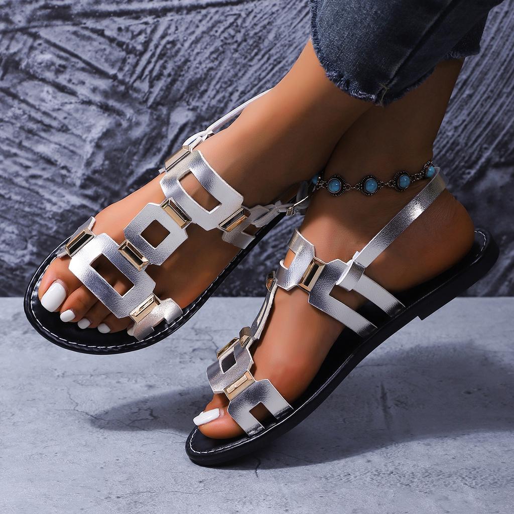 Fashion 2025Summer New Round Headed Leather Ladies' Sandals Flat Casual Beach Shoes Comfortable Footwear with Metal Decoration for Women