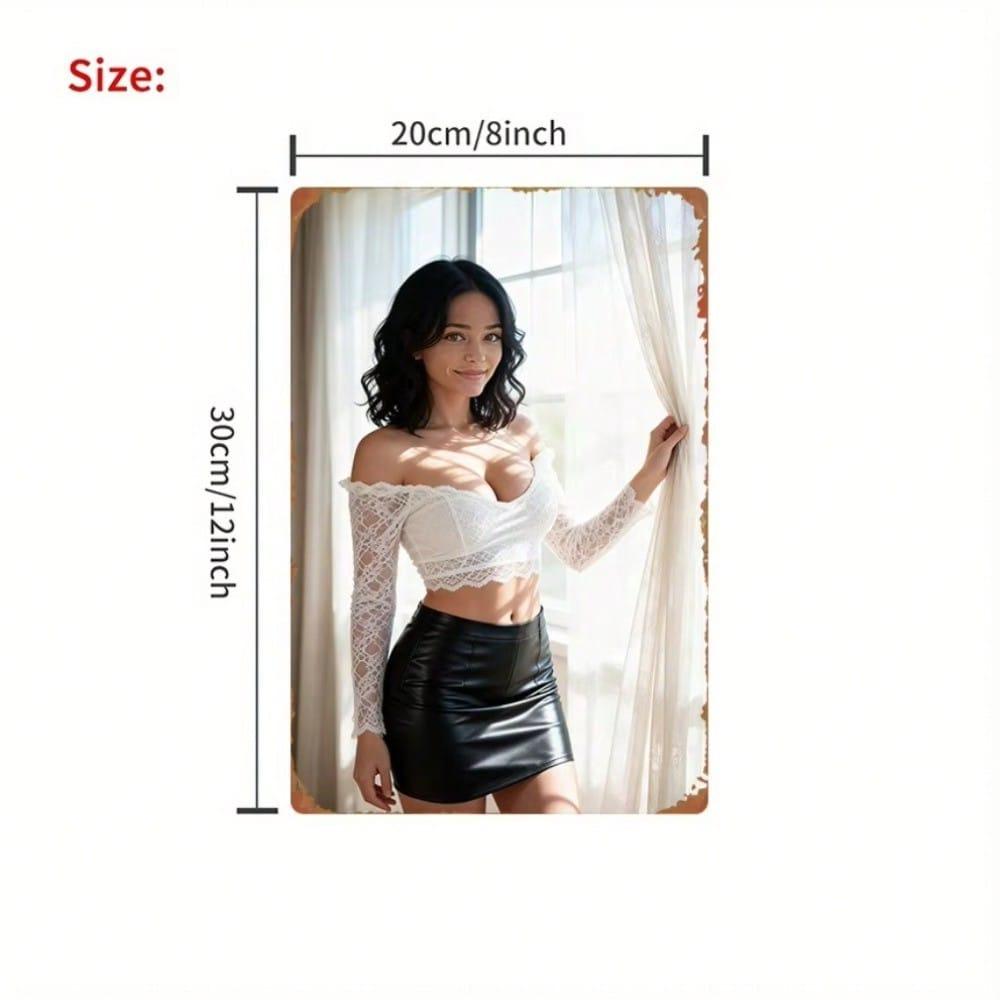 Pinup Woman Metal Poster Lace Top Black Skirt 8x12 Inch Wall Art for Bar