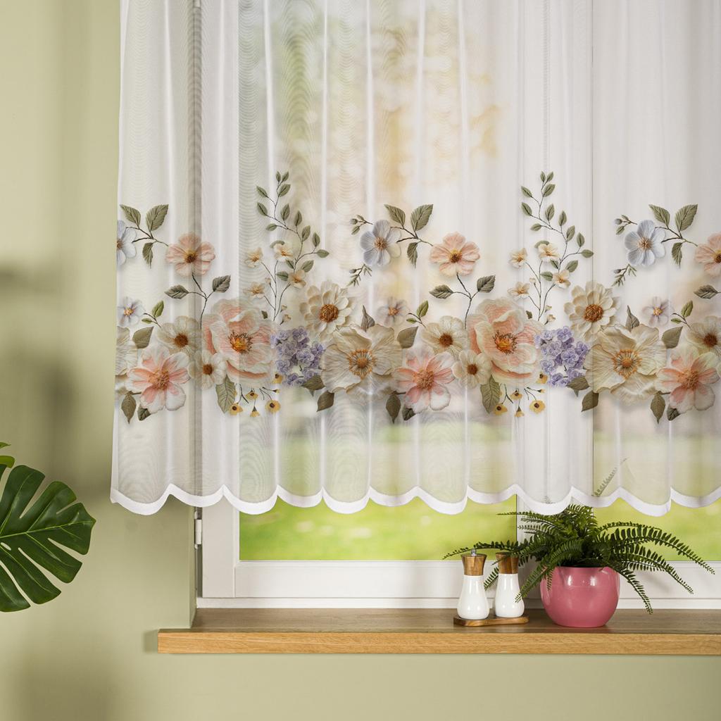 Kwiaty Z Efektem Wyszywania Firanka Gotowa Żakardowa Biała W Kwiaty 240X140 Cm