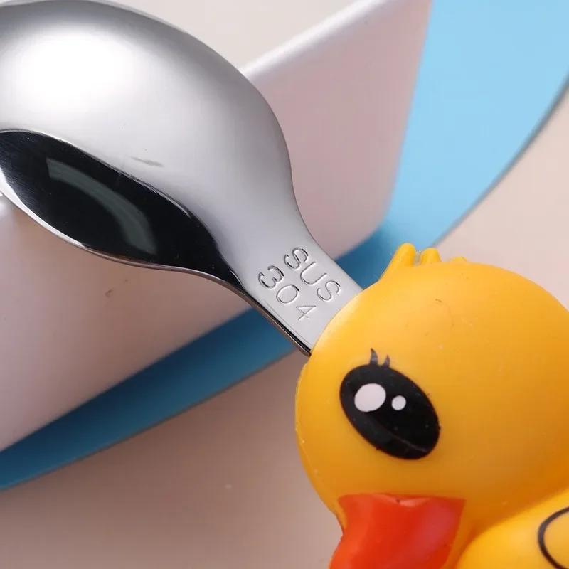 304 Stainless Steel Baby Complementary Feeding Tableware, Small Yellow Duck Portable Spoon and Fork Set, Cartoon Children's Tabl