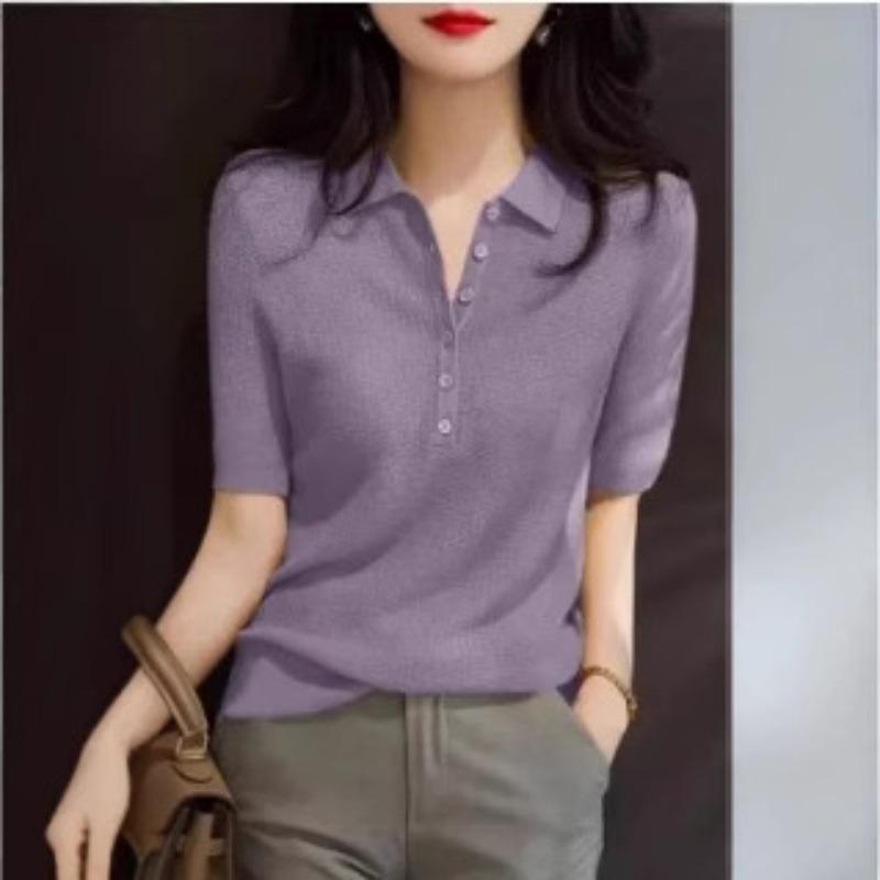 Women's Ice Silk Short Sleeved T-shirt Summer Thin Polo Collar Knitted Top