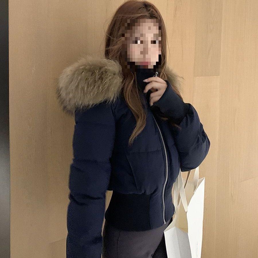 Solid color hooded short cotton-padded clothes women's big fur collar waist collection autumn and winter warm cotton jacket brick and mortar store