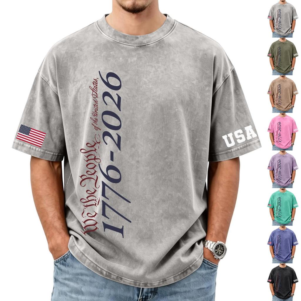 Men's loose and casual flag letter print T-shirt - Men's trendy washed short-sleeved top