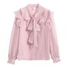 Fashion New 2024 Autumn Long Sleeve Bow Collar Casual Pink Ruffles Chiffon Blouse Shirt Women Tops Blouses Shirts J539