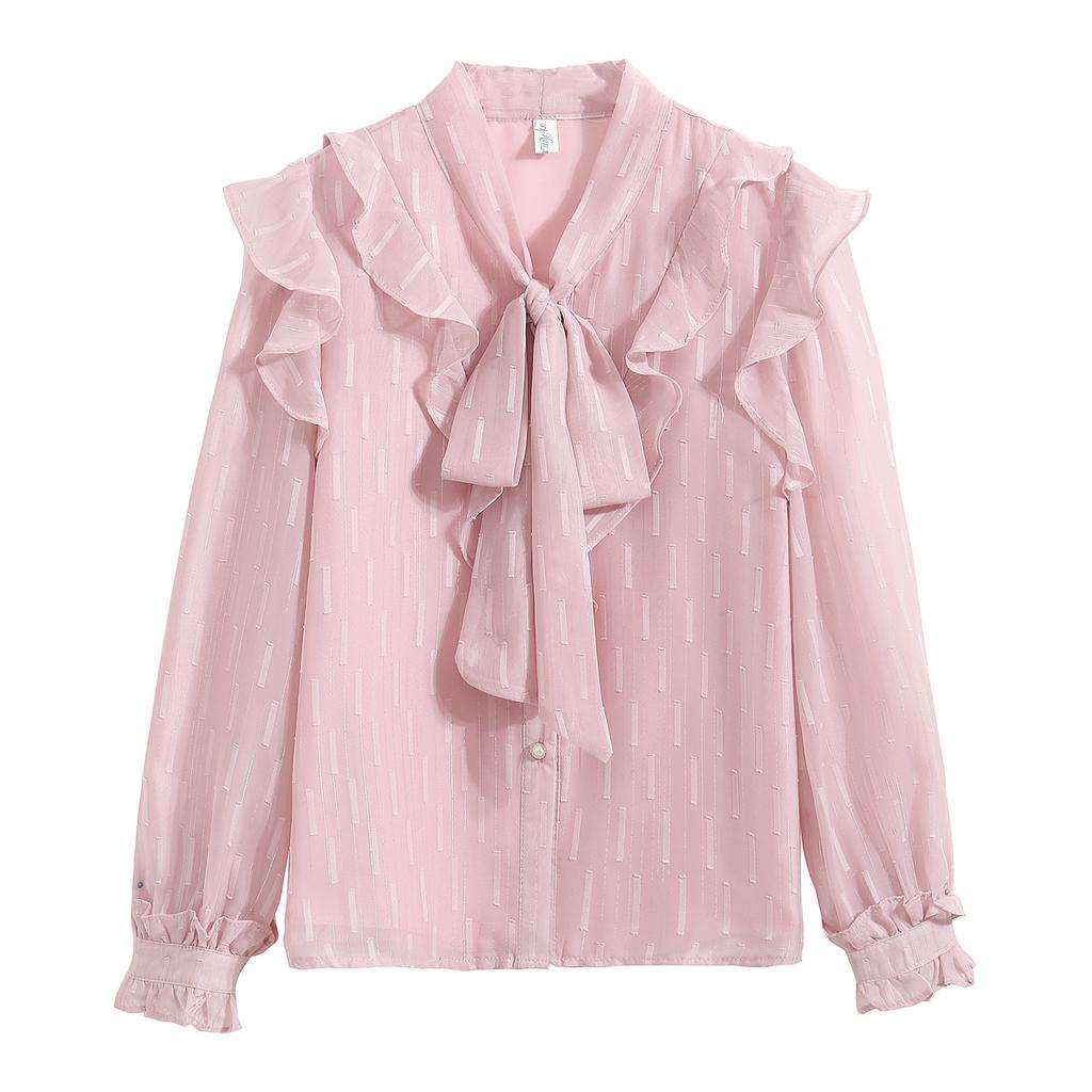 Fashion New 2024 Autumn Long Sleeve Bow Collar Casual Pink Ruffles Chiffon Blouse Shirt Women Tops Blouses Shirts J539