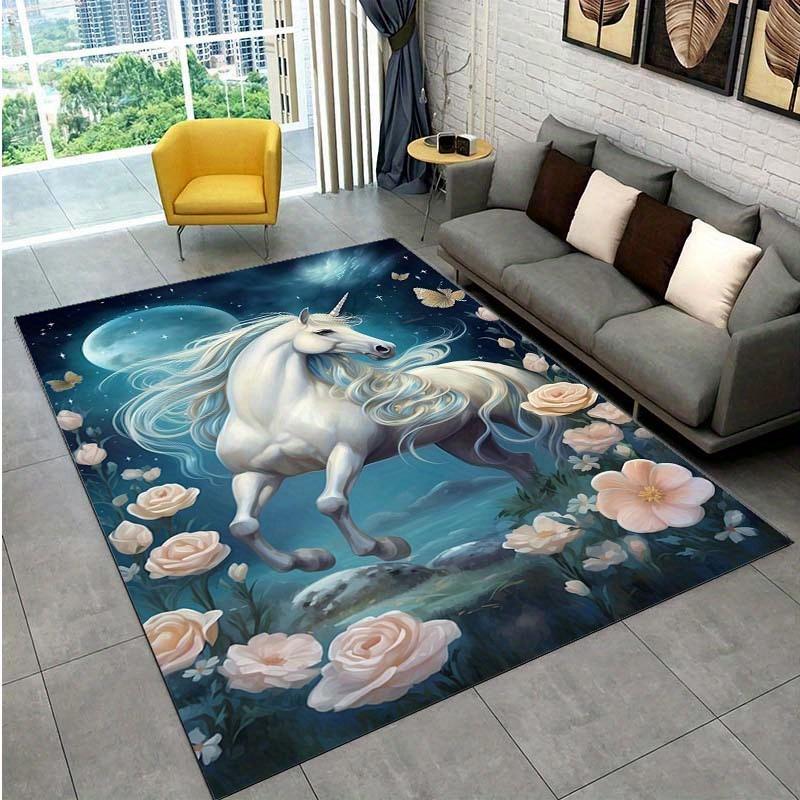 Unicorn and Roses Rug for Elegant Interiors - Magical Horse Design Carpet with Floral Accents for Living Room or Bedroom Decor 50x80cm