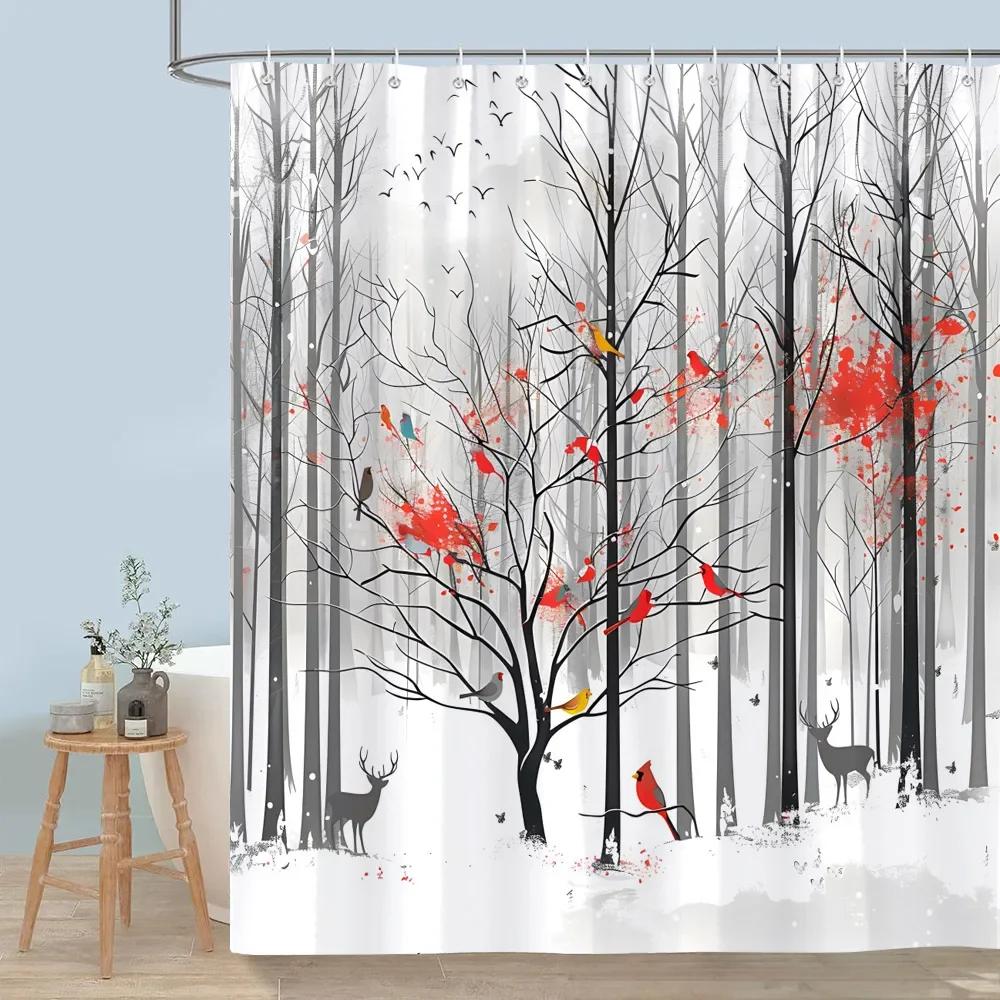 Cute Forest Animals Shower Curtain Winter Snow Fox Red Bird Deer Bear Rabbit Polyester Shower Curtains Bathroom Decor with Hooks
