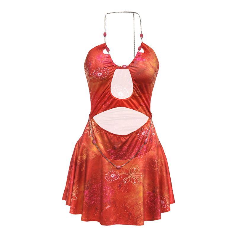 

# Sisjuly# Островной Дневник Сексуальное Платье с Вырезом на Шее и Принтом Тай-дай Женское Летнее Платье Мини с Рюкзаком на Бедрах Red S