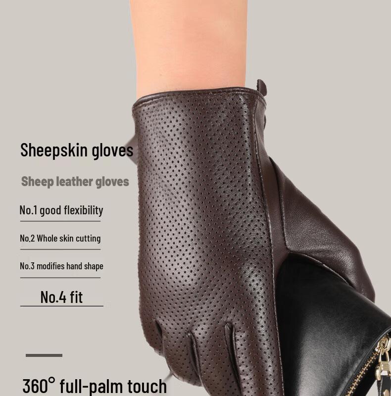 Men's Thin Genuine Leather Driving Gloves - Perforated Sheepskin, Touchscreen, Spring/Autumn.