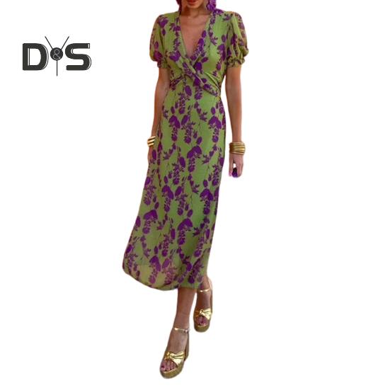 

Летнее женское платье с глубоким V-образным вырезом, сочетающееся по цвету с цветочным принтом и короткими рукавами, облегающее платье длиной до середины икры для выпускного вечера, свиданий, миди-платье L зелёный