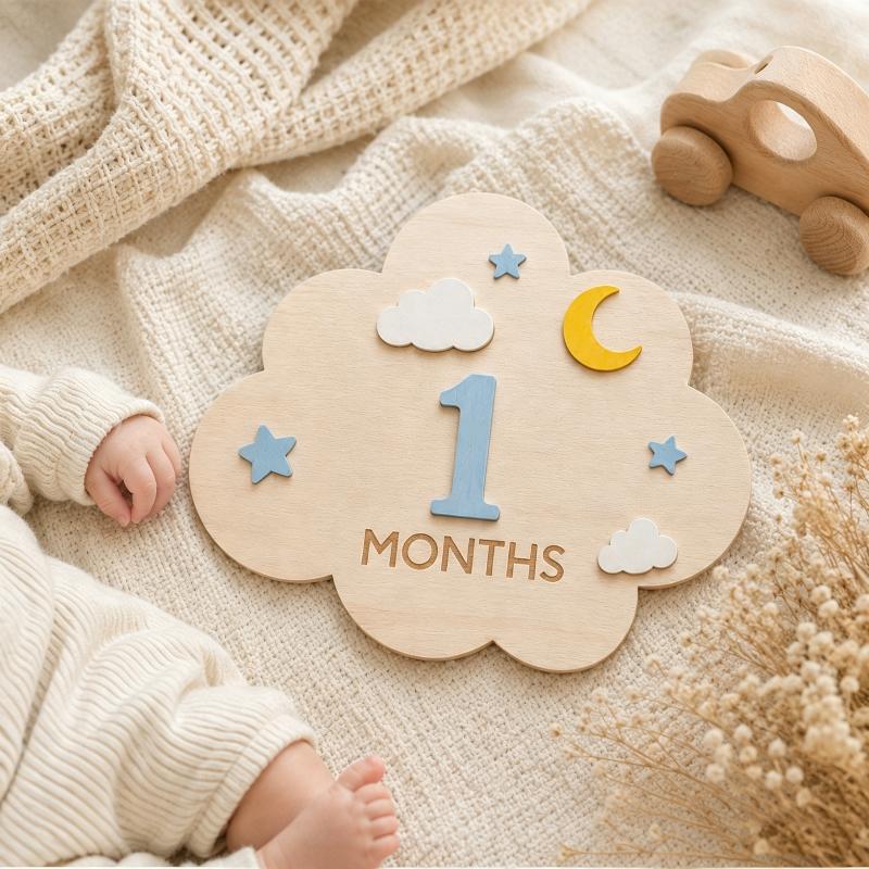 Natural Wooden Baby Monthly Milestone Marker Set Cloud Shape Number Cards for Newborn Keepsake Photography Baby Shower Gift