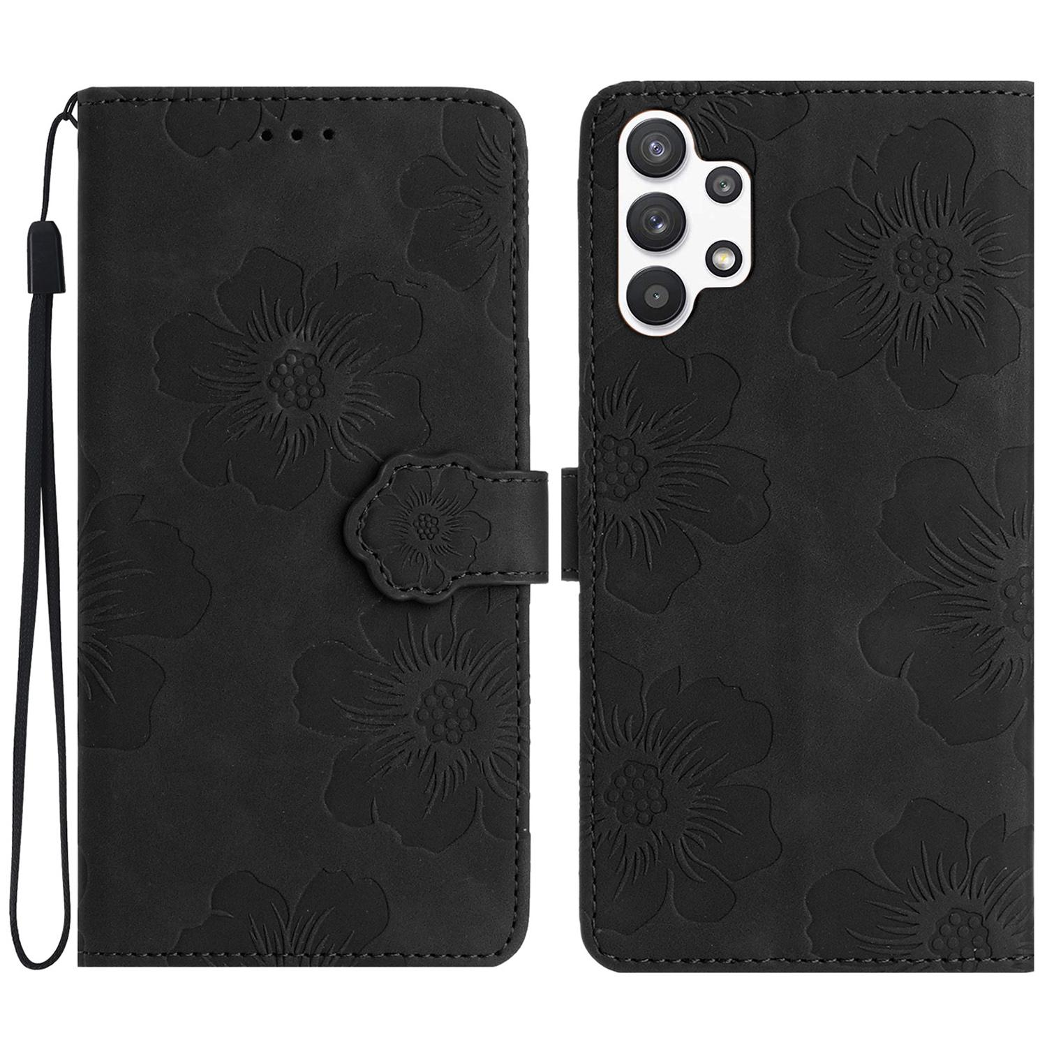 

For Samsung Galaxy A13 4G Anti-Fingerprint Phone Cover Stand Imprinted Flowers PU Leather Case Shell Black