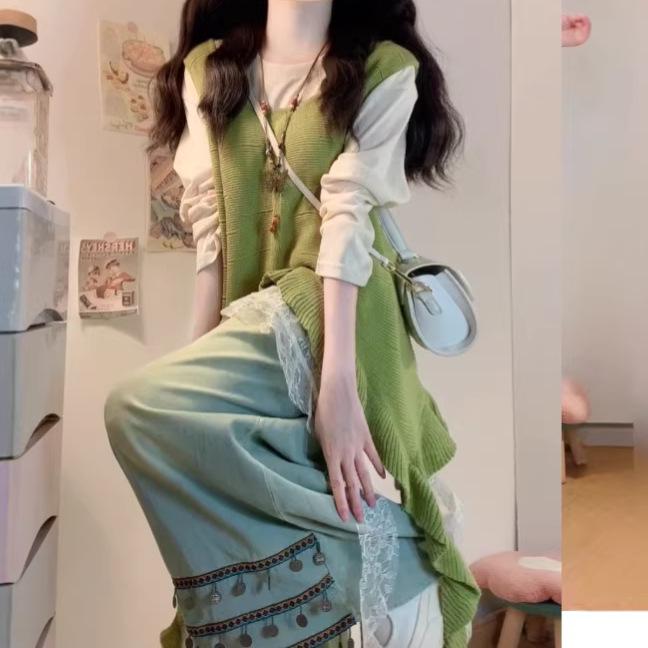 Korean Style Knit Vest with Lace Trim & Tassel Wide-Leg Pants Set - Spring/Autumn 2026 XXL