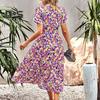 Women Summer Dress Flower Print A Line Loose Hem Patchwork Short Sleeves Irregular Short Sleeve Split Hem Lace Up High Waist Lady Midi Dress