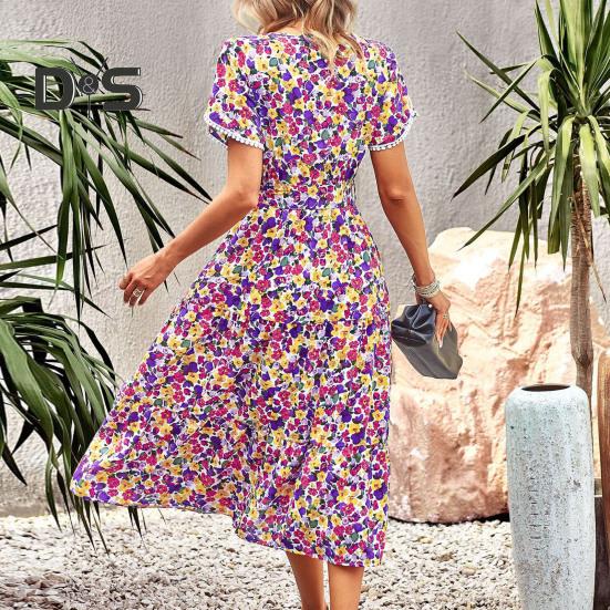 Women Summer Dress Flower Print A Line Loose Hem Patchwork Short Sleeves Irregular Short Sleeve Split Hem Lace Up High Waist Lady Midi Dress