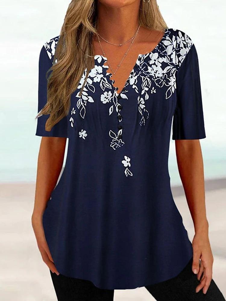 Damen Sommer T-Shirt Blumendruck V-Ausschnitt Kurze Ärmel Damen Top Vintage Mittellanges lockeres Top Damenkleidung