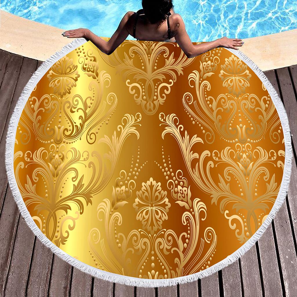 Vintage Gold Printed Round Beach Blanket,Polyester Sand Resistant Shawl Beach Towel,Absorbent Quick Dry Pool Towel Picnic Mat