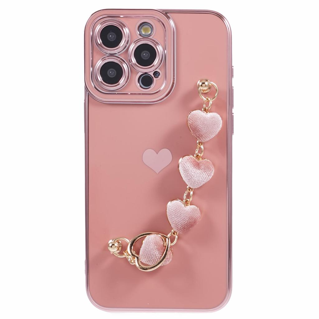 For iPhone 13 Pro Case Electroplating Edge Heart Pattern TPU Phone Cover with Strap