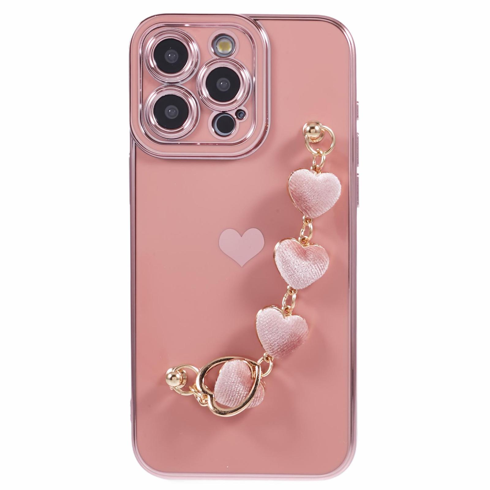 

For iPhone 12 Pro Max TPU Case with Heart Hand Strap Electroplating Phone Cover Pink