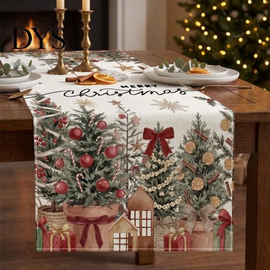 Farmhouse Table Runner Linen Christmas Runner, Winter Reindeer Santa Seasonal Home Decorations Prints, Tabletop Overlay for Holiday Dining Decor